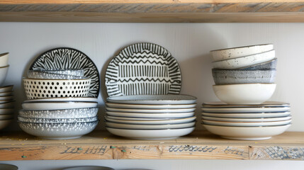 Set of ceramic dishes on a shelf with patterns in Scandinavian style - 783942739