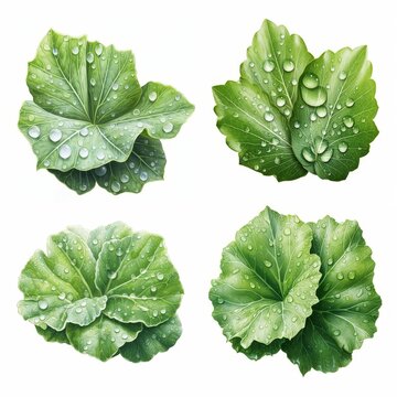 Clipart of detailed watercolor raindrops on cabbage, showcasing organic irrigation methods, isolated on white background, watercolor hyper-realistic style