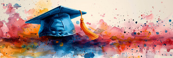 Banner with graduation cap and watercolor splashes, illustration - obrazy, fototapety, plakaty