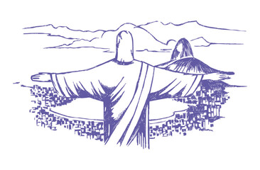 Vector illustration of Rio de Janeiro city landscape, Brazil. View of the Christ the Redeemer statue, on Corcovado Hill. Cityscape seen from above in modern times.
