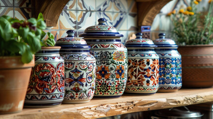 Set of jars for spices on a shelf in the kitchen, decorated in Provence style - 783943729