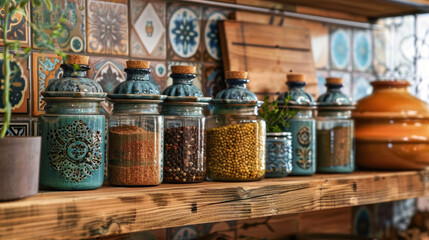 Set of jars for spices on a shelf in the kitchen, decorated in Provence style - obrazy, fototapety, plakaty