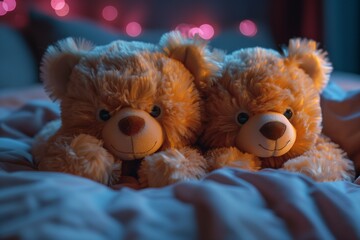 teddy bears sleeping and cuddling in bed