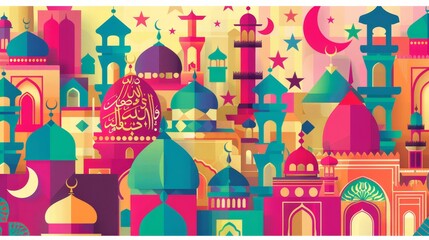 Modern, abstract representations of mosques, crescent moons, stars, lanterns, and traditional Islamic architecture are incorporated in Ramadan Kareem.