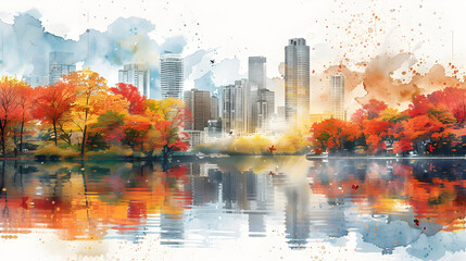 Watercolor illustration of a beautiful autumn cityscape