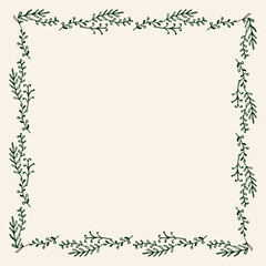 Vector eco square frame with twigs and leaves. Hand drawn vintage frame made of plant leaves with empty beige space.