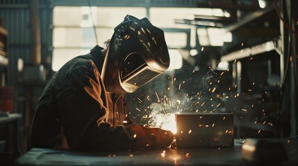Welder at work with protective mask and sparks. Industrial metalwork and safety concept. - obrazy, fototapety, plakaty