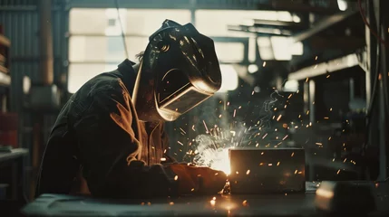 Fotobehang Welder at work with protective mask and sparks. Industrial metalwork and safety concept. © AIS Studio