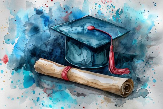 Watercolor graduation cap with diploma, illustration