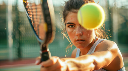 Strong confident woman plays tennis. Professional sports concept - 783945111