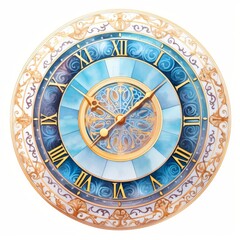 Zoomed-in watercolor clock face, numbers morphing into imaginative symbols, in the style of hyper-realistic illustration