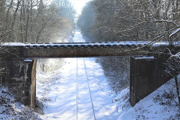 Eisenbahn, gleis, schienen, winter, schnee, weiß, natur, frost, jahreszeit, brücke, bäume
