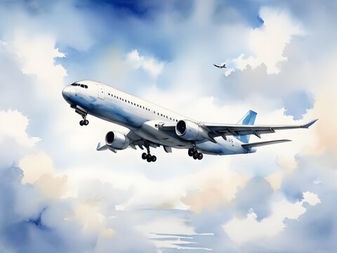  watercolor painting isolated airplane on sky