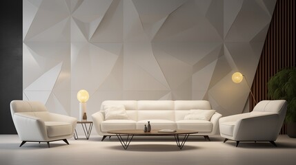 eometric patterns and angular lines on the 3D Pearl color wall adding depth and visual interest to the space surrounding the pristine white sofa.