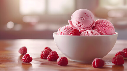 Bowl of raspberry ice cream on a wooden table. A few fresh raspberries are spilled around the bowl. Space for text. - obrazy, fototapety, plakaty