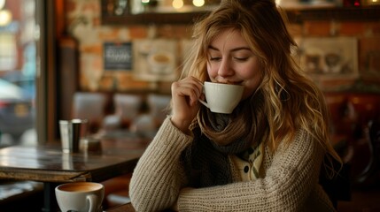 Cheerful woman enjoying coffee cup in the morning