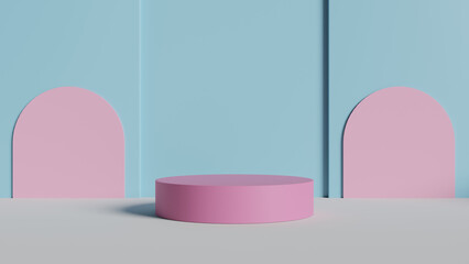 a pink podium stands in front of a blue wall