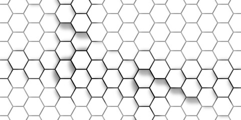Naklejka premium Abstract 3d background with hexagons backdrop background. A white marble wall with hexagon tiles for texture. honeycomb white Background ,light and shadow. Top view. Abstract background.
