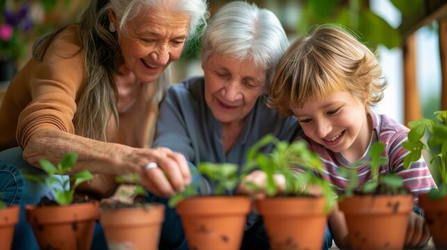 Two elderly women with a young boy engaging in gardening activities. Family and nature concept.