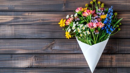 Colorful bouquet of spring flowers in white cone on wooden backdrop