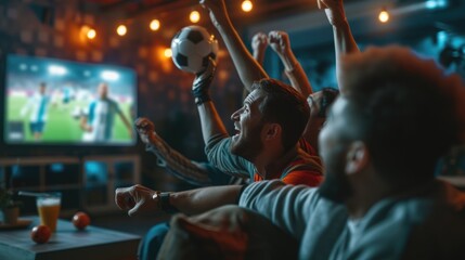 A group of fans enjoying a soccer match on a couch, captivated by the television, football TV...