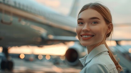 Smiling woman at the airport with airplane in the background at sunset. Professional portrait with...