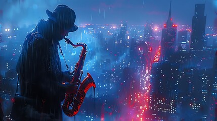 Against a backdrop of towering skyscrapers, a saxophonist fills the night air with the soulful strains of jazz, their melodies drifting like smoke on the evening breeze.