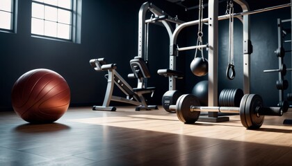 A well-equipped modern gym with various training equipment, including weights and a medicine ball, ready for a fitness regimen.. AI Generation - obrazy, fototapety, plakaty