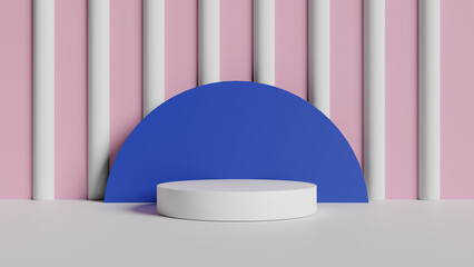 a white platform in front of a pink and blue wall