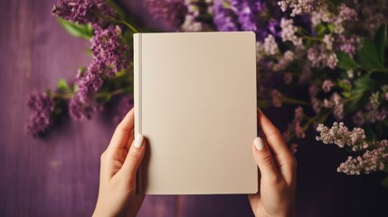 Obraz premium A clean notebook for notes is held by women's hands on a colored background, concepts of education, workplace, creativity. A place for text or advertising.