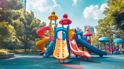 Children playground in a city park, colorful equipment, kids playing joyfully, safe and fun - obrazy, fototapety, plakaty