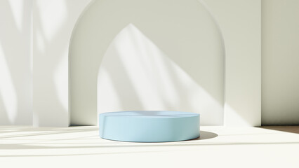 a blue stool sitting in a white room