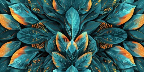 Digital artwork of a symmetrical pattern featuring teal and orange leaves, creating a visually harmonious and vibrant design.