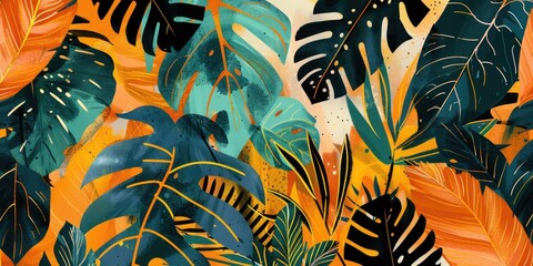 A lively and colorful pattern of tropical leaves in shades of green, orange, and yellow with striking black accents.