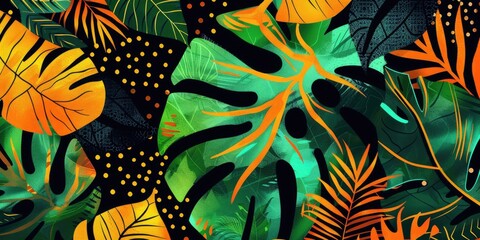 Vibrant and lively, a colorful pattern emerges, adorned with tropical leaves in shades of green, orange, and yellow, accentuated by striking black accents.