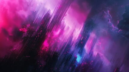 A dynamic abstract painting featuring swirling purple and pink clouds in a cyberpunk color palette.
