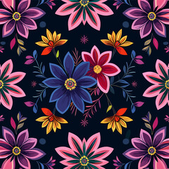 Seamless pattern with bright, geometric flowers and leaves on a dark purple background