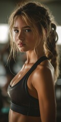 beautiful Young woman lifting weights in gym wide-angel full body shot created by ai