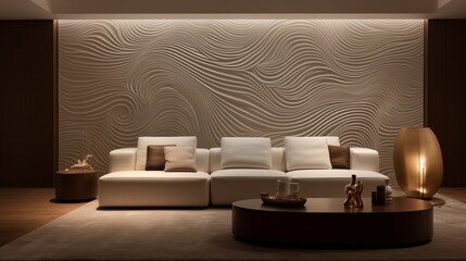 Fototapeta na wymiar Textured patterns and subtle variations in the umber wall adding depth and visual interest to the space surrounding the pristine white sofa.