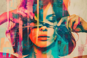 Vibrant image of a hairstylist using creative scissors to cut a woman's hair