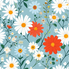 Seamless pattern with small daisies and flowers on a sky blue background