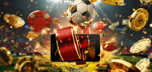 a mobile holding a tablet holding player soccer money, gold and red theme, style casino