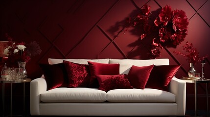 Velvet throw pillows in shades of crimson and burgundy adding warmth and sophistication to the pristine white sofa against the bold 3D ruby wall.