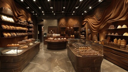 Elegant chocolate boutique, artisanal creations on display, rich brown tones, luxurious and tempting