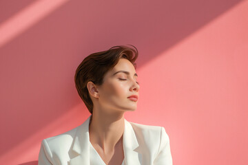 A woman in a white jacket is sitting on a pink wall