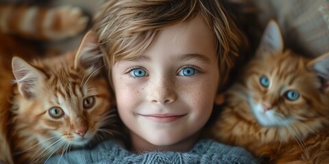A boy playfully interacts with two kittens sitting on his shoulders.