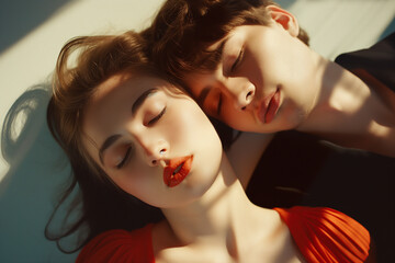 A woman and a man are lying on a bed, with the woman wearing red lipstick