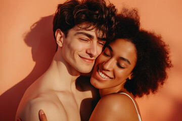 A man and a woman are hugging each other, both smiling