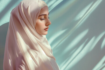 A woman wearing a white hijab is looking at the camera