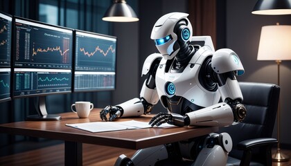 Fototapeta premium A high-tech robotic analyst intently reviews financial statistics on multiple monitors, illustrating AI in finance.. AI Generation